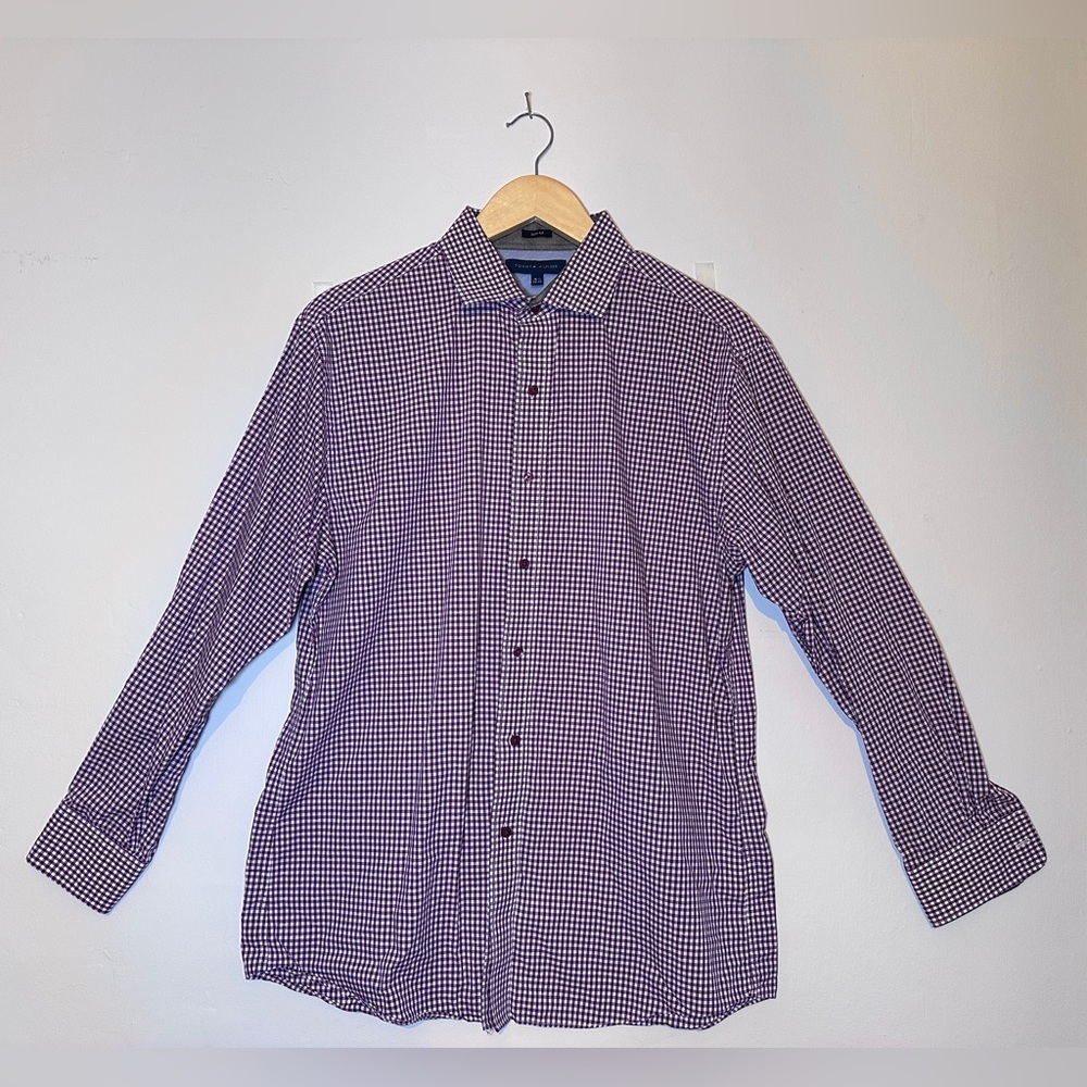 Tommy Hilfiger Slim Fit Button-Down Purple Gingham Size 16 1/2 32-33